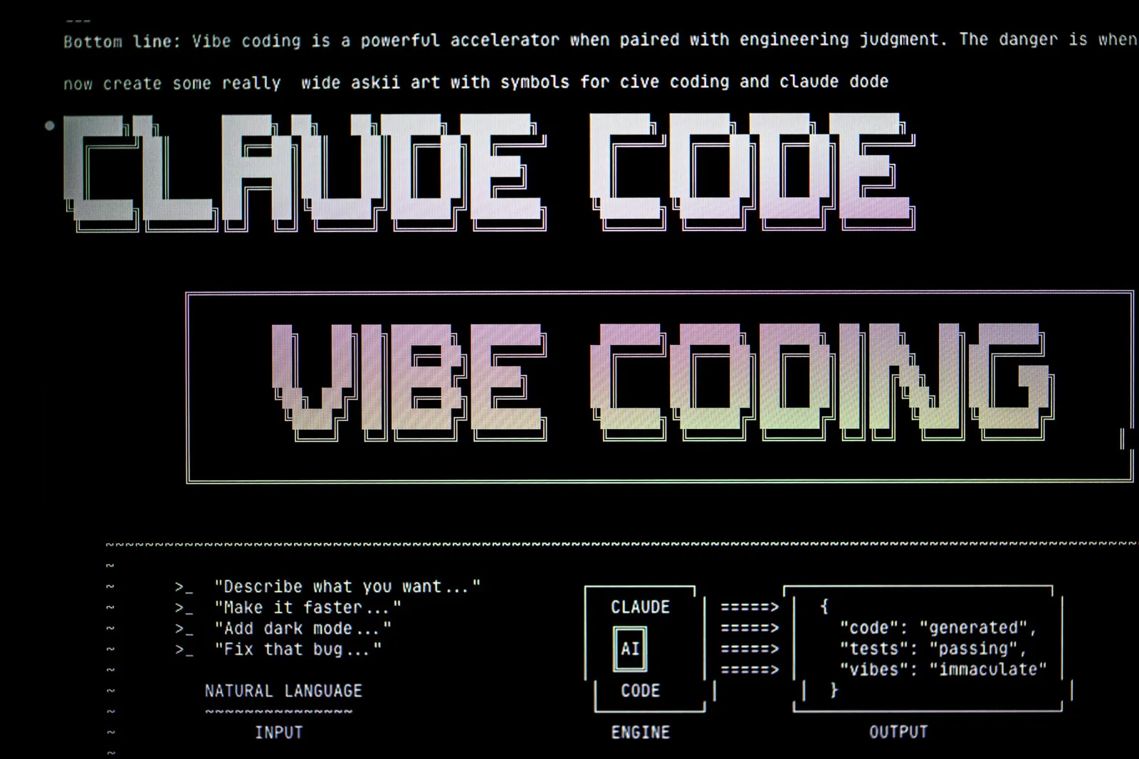 Screen showing the words "vibe coding" in large retro text