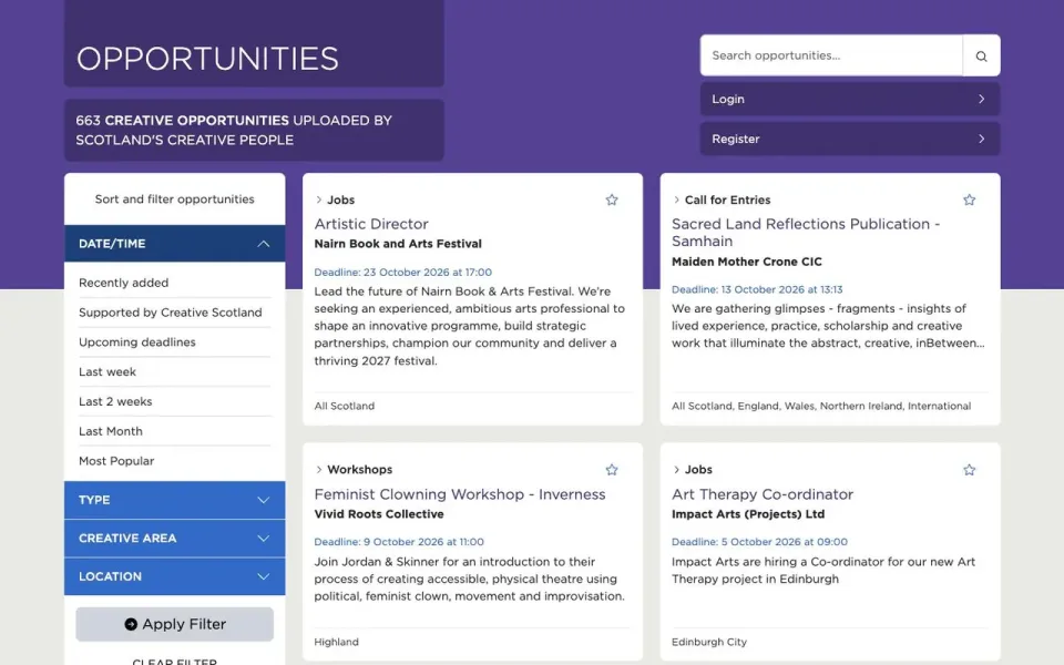 Creative Scotland Opportunities platform, listing jobs and opportunities for the creative sector