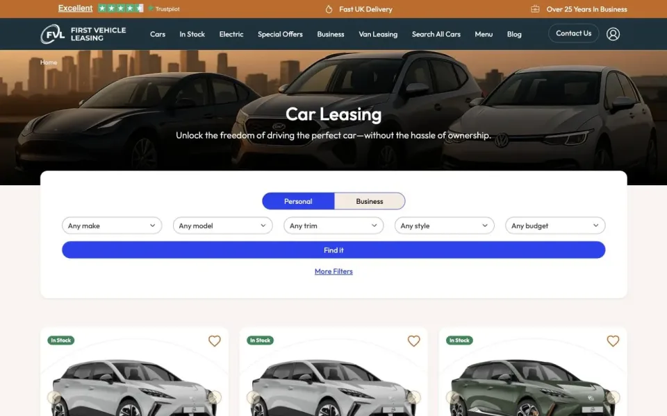 First Vehicle Leasing website home page, with car and van leasing search